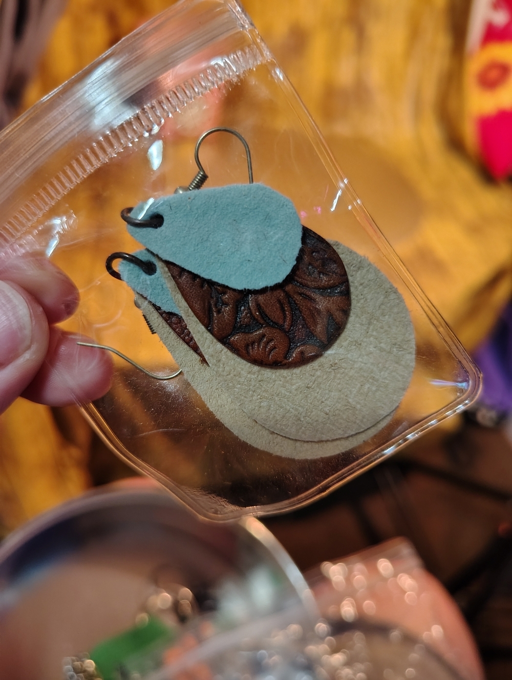 Hand Crafted layered teardrop earrings in light blue, brown, cream